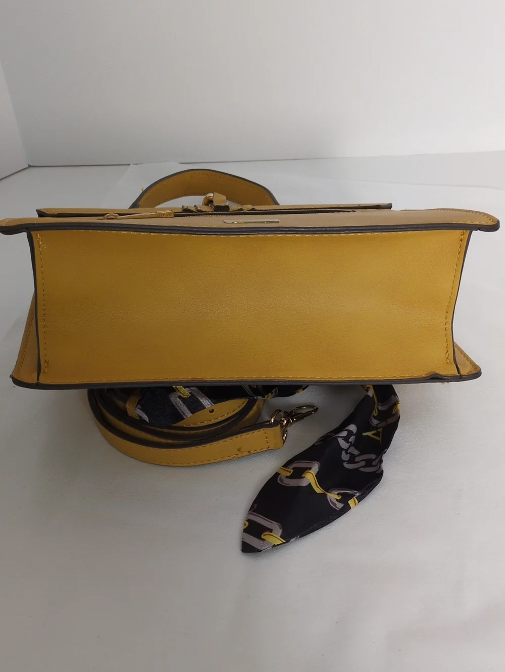 ALDO Mustard Yellow Top Handle Satchel Crossbody Bag with Chain Scarf Detail